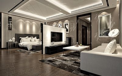 snygg gr&#229; inredning, vardagsrum och sovrum i ett enda rum, projekt, modern design av inredning, minimalism, design av partitionen f&#246;r sovrummet