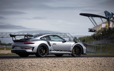 Porsche 911 GT3 RS, 4k, carros de corrida, 2019 carros, supercarros, pista de rolamento, Porsche 911, prata Porsche, Porsche
