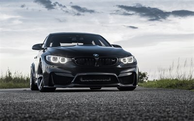 BMW М4, 2018, vista frontale, esterno, nero sport coup&#233;, auto tedesche, nero M4, BMW F82, Fari