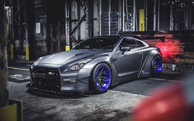 Nissan GT-R, R35, factory, Liberty Walk, tuning, supercars, silver GT-R, Nissan