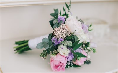 ブライダルブーケ, 白バラの花, 結婚式の花束, ボケ, ピンク色のバラ