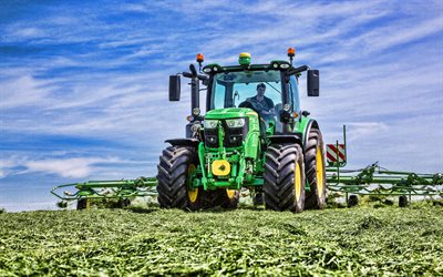 John Deere 6130R, HDR, verano de 2020, tractores, maquinaria agrícola, la cosecha, el verde tractor, recoger hierba, la agricultura, John Deere