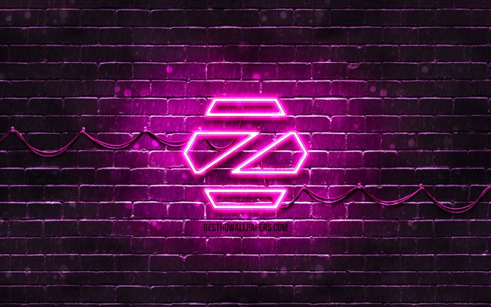 Zorin OS purple logo, 4k, purple brickwall, Zorin OS logo, Linux, Zorin OS neon logo, Zorin OS