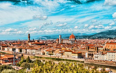 4k, Florence, Santa Maria del Fiore, Arno River, italian cities, HDR, cityscapes, Tuscany, Italy, Europe