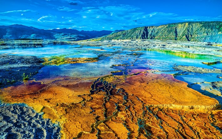 Yellowstone Hot Springs, HDR, Grand Prismatic Spring, american marcos, EUA, bela natureza, Am&#233;rica, O Parque Nacional De Yellowstone, american natureza