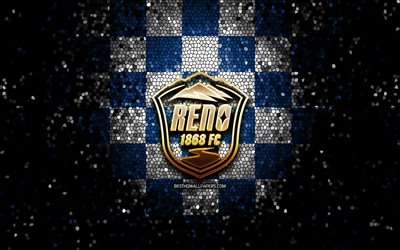Reno FC, glitter logo, USL, blue white checkered background, USA, american soccer team, FC Reno, United Soccer League, Reno FC logo, mosaic art, soccer, football, America