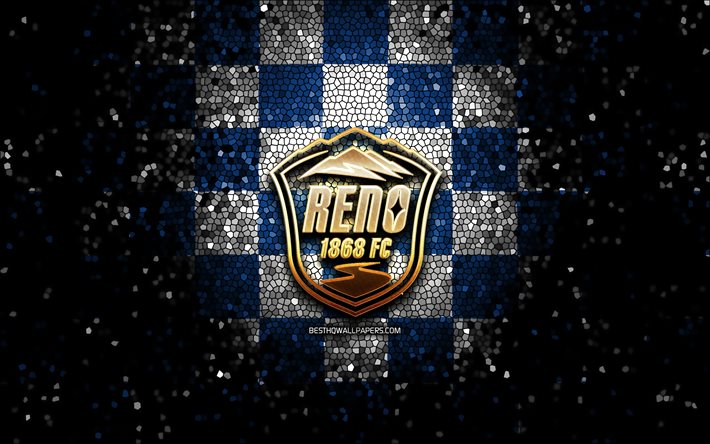 Reno FC, glitter logo, USL, mavi beyaz damalı arka plan, ABD, Amerikan futbol takımı, FC Reno, United Futbol Ligi, Reno FC logo, mozaik sanatı, futbol, Amerika