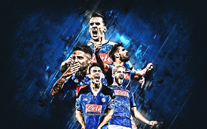 SSC Napoli, Italian football club, blue stone background, Naples, Italy, football, Serie A, Dries Mertens, Lorenzo Insigne, Hirving Lozano