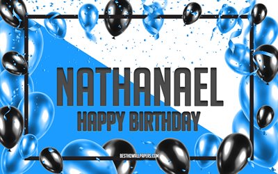 お誕生日おめでNathanael, お誕生日の風船の背景, Nathanael, 壁紙名, Nathanaelお誕生日おめで, 青球誕生の背景, ご挨拶カード, Nathanael誕生日