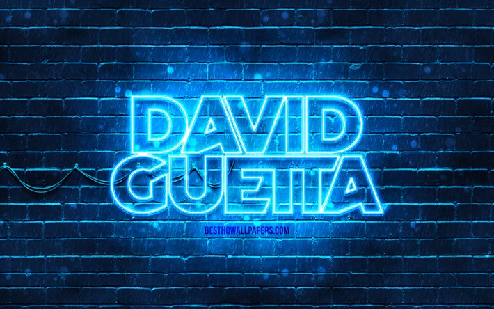 David Guetta azul do logotipo, 4k, superstars, DJs franceses, azul brickwall, David Guetta logotipo, Pierre David Guetta, David Guetta, estrelas da m&#250;sica, David Guetta neon logotipo