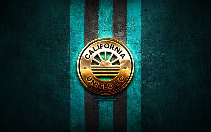 California United FC, الشعار الذهبي, المرأة, معدني أزرق الخلفية, نادي كرة القدم الأمريكية, كاليفورنيا الولايات المتحدة, المستقلة الوطنية لكرة القدم, كاليفورنيا المتحدة الشعار, كرة القدم, الولايات المتحدة الأمريكية