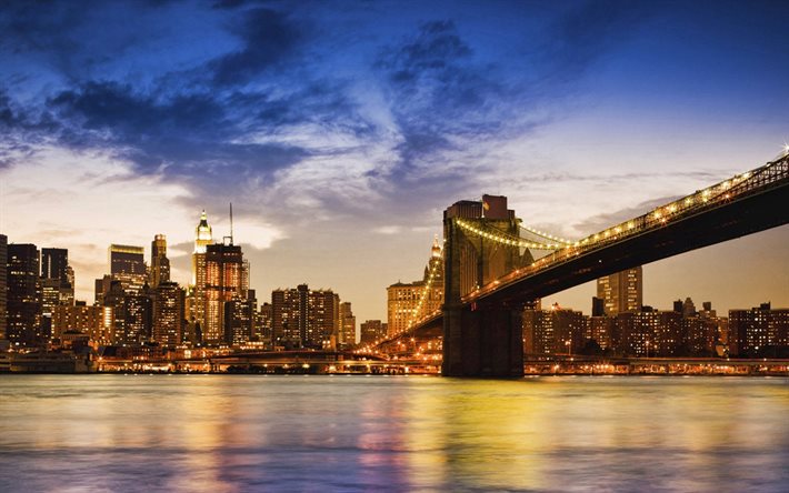 New York, Manhattan Bridge, suspension bridge, East River, kv&#228;ll, sunset, Manhattan, Brooklyn, USA