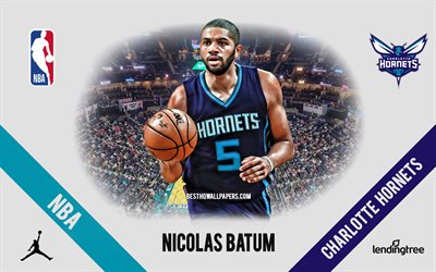 Nicolas Batum, Charlotte Hornets, French Basketball Player, NBA, portrait, USA, basketball, Spectrum Center, Charlotte Hornets logo