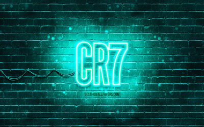 CR7 turquoise logo, 4k, turquoise brickwall, Cristiano Ronaldo, fan art, CR7 logo, football stars, CR7 neon logo, CR7, Cristiano Ronaldo logo
