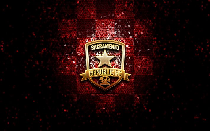 Sacramento Republic FC, glitter logo, USL, red checkered background, USA, american soccer team, Sacramento Republic, United Soccer League, Sacramento Republic logo, mosaic art, soccer, football, America