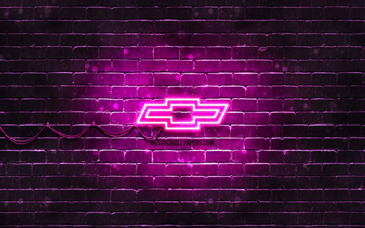 chevrolet purple-logo, 4k, purple brickwall chevrolet-logo, cars brands, chevrolet neon-logo, chevrolet