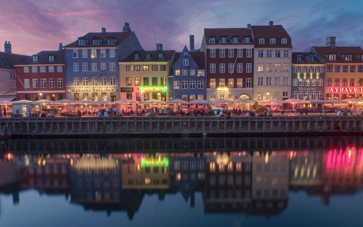 Kopenhag, New Harbour, akşam, G&#252;n batımı, turizm, cafe, g&#252;zel evler, Danimarka
