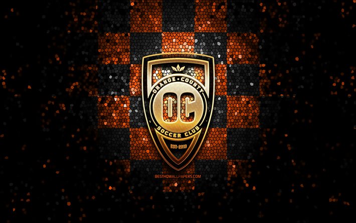 Orange County FC, glitter logotipo, USL, laranja preto fundo quadriculado, EUA, time de futebol americano, Orange County SC, United Soccer League, Orange County logotipo, arte em mosaico, futebol, Am&#233;rica