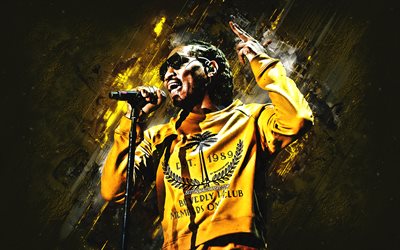 Offset, Kiari Kendrell Cephus, American rapper, portrait, yellow stone background, creative art