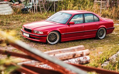 BMW 7-Series, offroad, red E38, tuning, 1997 cars, E38, BMW 7-Series III, BMW E38, german cars, BMW