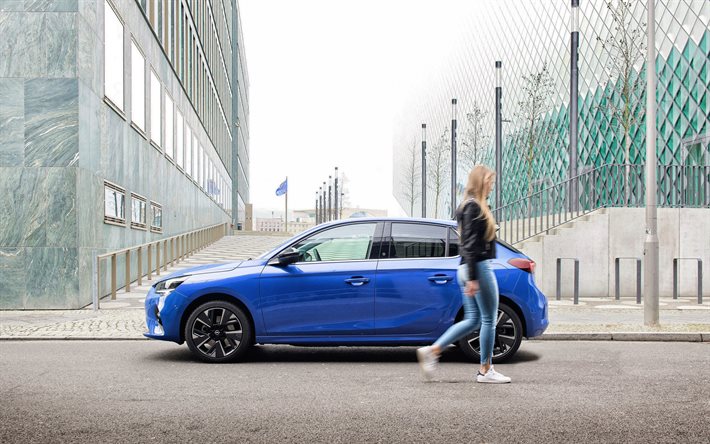Opel Corsa-e, 2020, yan g&#246;r&#252;n&#252;m, dış, mavi hatchback, yeni mavi Corsa, elektrik corsa, elektrikli arabalar, Alman otomobil, Opel