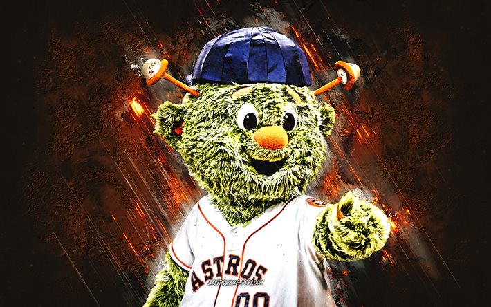 Orbit, Houston Astros maskotti, MLB, muotokuva, oranssi kivi tausta, Houston Astros, Major League Baseball, USA, baseball