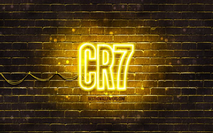 CR7 gul logotyp, 4k, gul brickwall, Cristiano Ronaldo, fan art, CR7 logotyp, fotboll stj&#228;rnor, CR7 neon logotyp, CR7, Cristiano Ronaldo logotyp