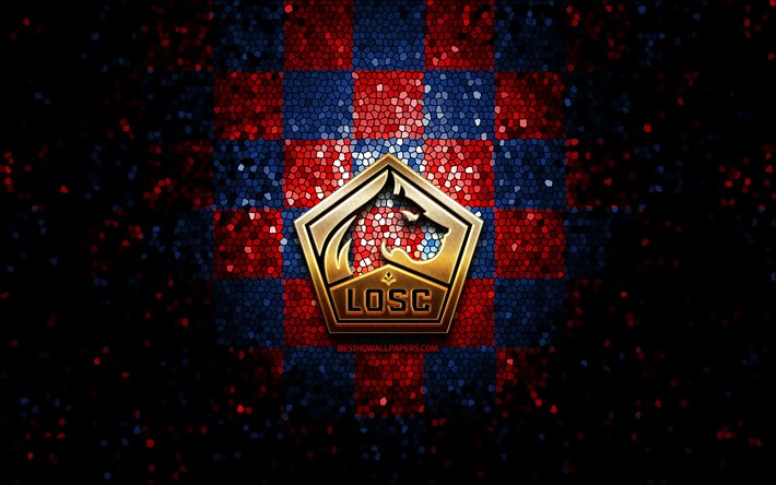 Lille FC, glitter logo, Ligue 1, red blue checkered background, soccer, LOSC Lille, french football club, LOSC Lille logo, mosaic art, football, France