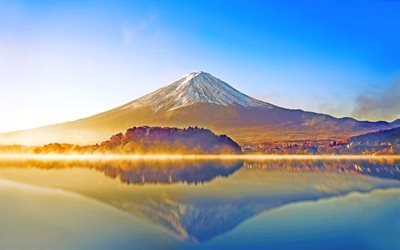Mount Fuji, 4k, morning, mountains, stratovolcano, Fujisan, fog, Fujiyama, Asia, japanese landmarks, Japan, beautiful nature