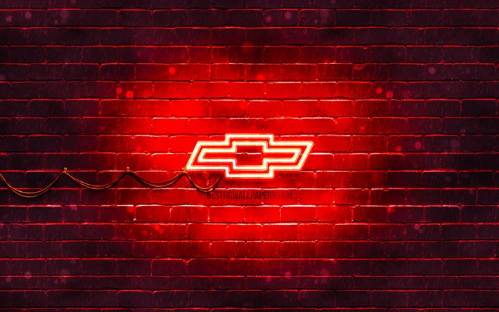 chevrolet red logo, 4k, red brickwall chevrolet-logo, cars brands, chevrolet neon-logo, chevrolet