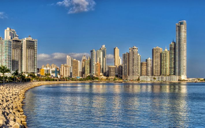 Panama City, skyscrapers, sunset, bay, modern buildings, Pacific Ocean, Panama