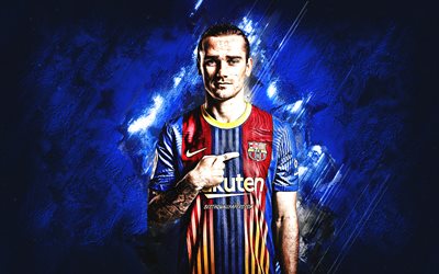 Antoine Griezmann, FC Barcelona, French footballer, portrait, blue stone background, La Liga, football