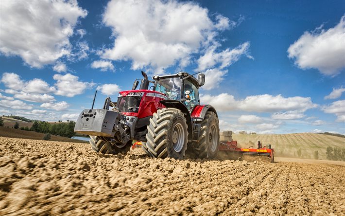 Massey Ferguson 8735 S, champ de labour, HDR, tracteurs 2021, machines agricoles, tracteur rouge, agriculture, Massey Ferguson