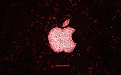 Apple glitter logo, black background, Apple logo, red glitter art, Apple, creative art, Apple red glitter logo