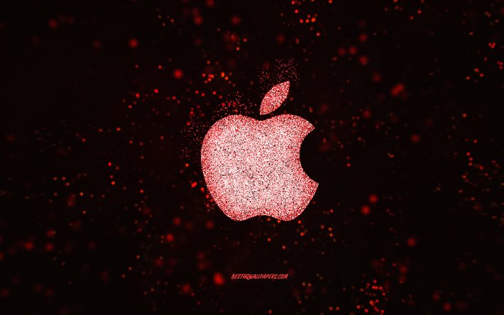 Apple glitter-logo, musta tausta, Apple-logo, punainen kimallustaide, Apple, luovaa taidetta, Apple Red glitter -logo