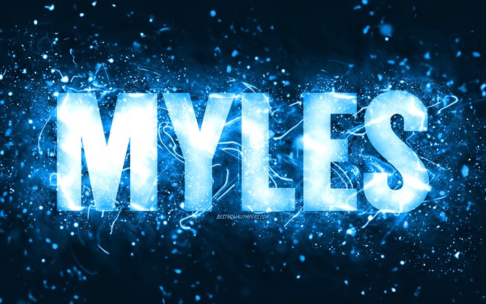 Happy Birthday Myles, 4k, luzes de n&#233;on azuis, nome Myles, criativo, Myles Happy Birthday, Myles Birthday, nomes masculinos americanos populares, imagem com o nome Myles, Myles