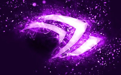 nvidia violettes logo, 4k, violette neonlichter, kreativer, violetter abstrakter hintergrund, nvidia-logo, marken, nvidia