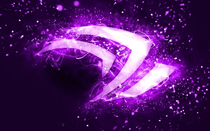 Nvidia violett logotyp, 4k, violett neonljus, kreativt, violett abstrakt bakgrund, Nvidia logotyp, varum&#228;rken, Nvidia