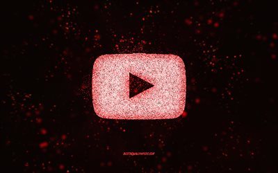 Logo glitter di YouTube, sfondo nero, logo di YouTube, arte glitter rossa, YouTube, arte creativa, logo glitter rosso di YouTube