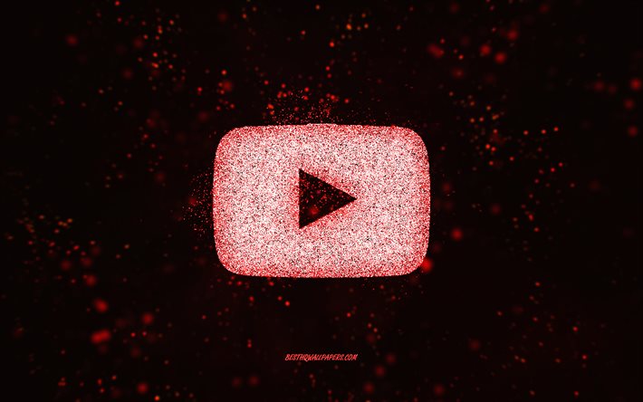 Logo de paillettes YouTube, fond noir, logo YouTube, art de paillettes rouges, YouTube, art cr&#233;atif, logo de paillettes rouges YouTube