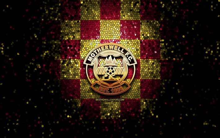 motherwell fc, glitzer-logo, scottish premiership, rot-gelb karierter hintergrund, fu&#223;ball, schottischer fu&#223;ballverein, motherwell-logo, mosaikkunst, fc motherwell