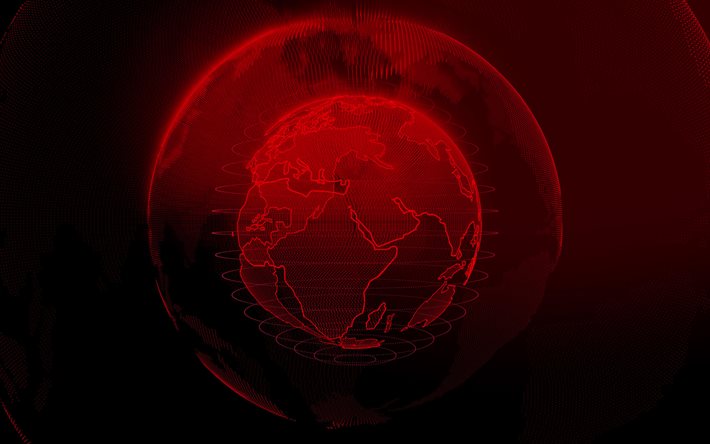 الكرة الأرضية الرقمية الحمراء, الأحمر، الخلفية الرقمية, شبكات التكنولوجيا, في الشبكات العالمية, النقاط صورة ظلية الكرة الأرضية, إلكترونيات رقمية, الأحمر، تكنولوجيا، الخلفية, خريطة العالم