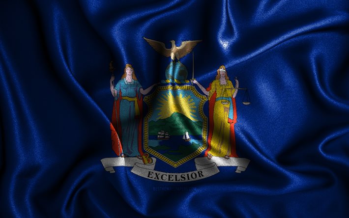 New York flagga, 4k, v&#229;giga siden flaggor, amerikanska stater, USA, tyg flaggor, 3D konst, New York, New York 3D flagga, USA stater