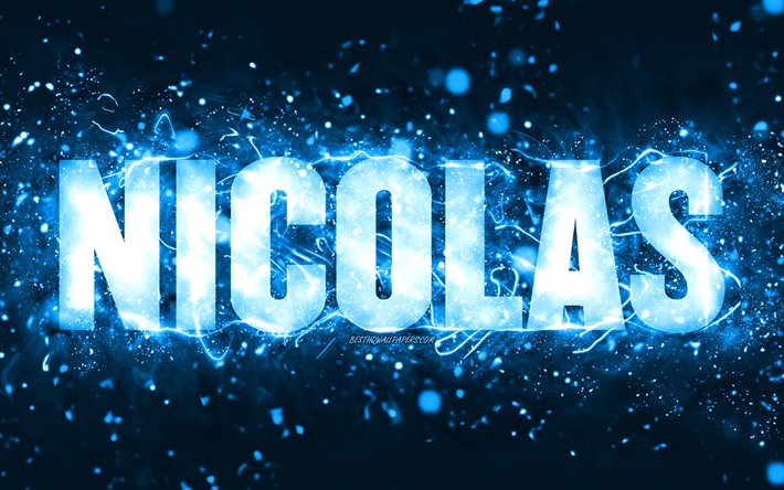 Happy Birthday Nicolas, 4k, blue neon lights, Nicolas name, creative, Nicolas Happy Birthday, Nicolas Birthday, popular american male names, picture with Nicolas name, Nicolas