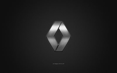 Renault logo, silver logo, gray carbon fiber background, Renault metal emblem, Renault, cars brands, creative art