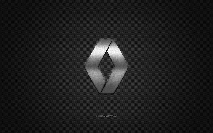 Logo Renault, logo argent&#233;, fond gris en fibre de carbone, embl&#232;me en m&#233;tal Renault, Renault, marques de voitures, art cr&#233;atif