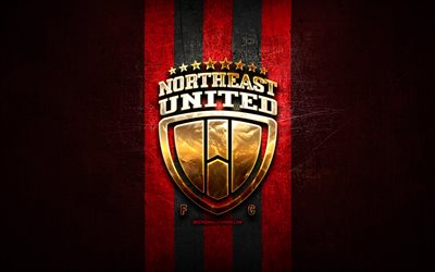 NorthEast United FC, golden logo, ISL, red metal background, football, indian football club, NorthEast United logo, soccer, India, NorthEast United