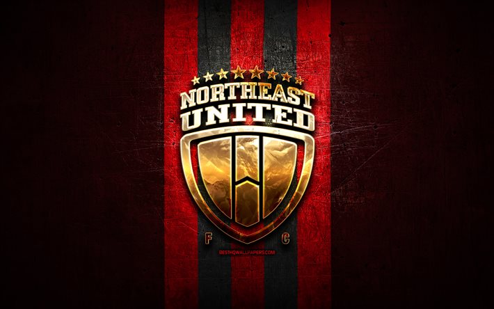 NorthEast United FC, kultainen logo, ISL, punainen metallitausta, jalkapallo, intialainen jalkapalloseura, NorthEast United -logo, Intia, NorthEast United