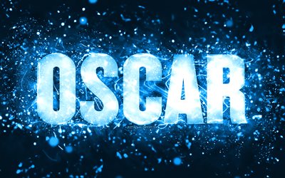 Joyeux anniversaire Oscar, 4k, n&#233;ons bleus, nom oscaris&#233;, cr&#233;atif, Oscar Joyeux anniversaire, Oscar Anniversaire, noms masculins am&#233;ricains populaires, image avec le nom d’Oscar, Oscar