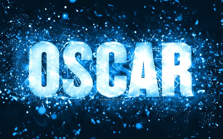 Happy Birthday Oscar, 4k, blue neon lights, Oscar name, creative, Oscar Happy Birthday, Oscar Birthday, popular american male names, picture with Oscar name, Oscar